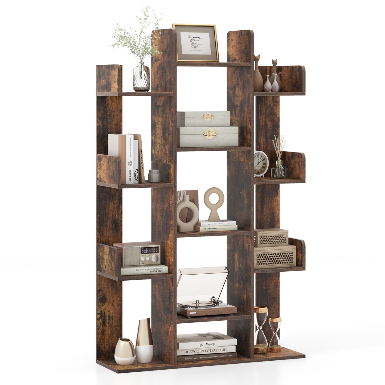 Costway 1/2 PCS Bookshelf Tree-Shaped Bookcase with 13 Storage Shelf Rustic Industrial Style Rustic Brown